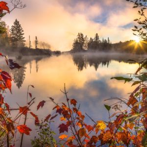 Mist and steam rise from the surface of a small pond in Northern Vermont. Vibrant reds